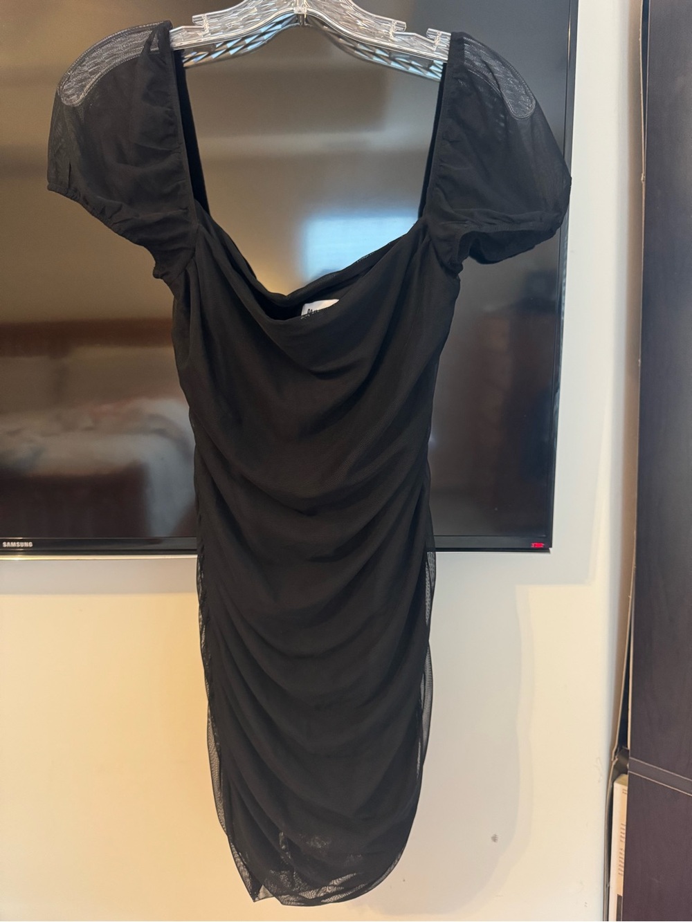 Princess Polly Black Draped Mini Dress with Sheer Puff Sleeves